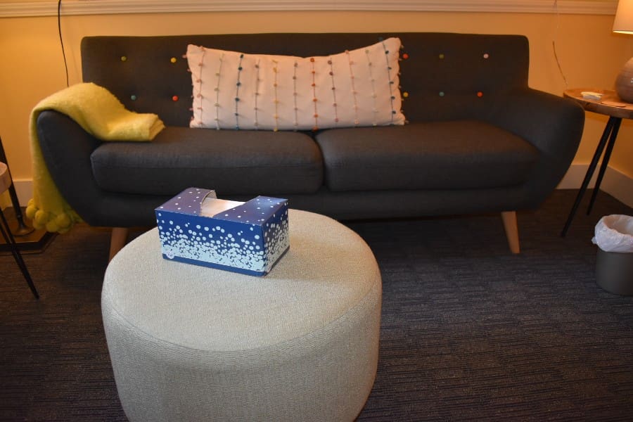 Lisa Kothari's therapeutic practice with comfy couch and tissues
